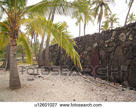 Stock Photo -  South Kona, Big Island, Island of Hawaii, HI, Hawaii, Kona Coast, Leeward, West Coast, Captain Cook, Honaunau, Pu'uhonua O Honaunau National Historical Park, Place of Refuge, The Great Wall, 10 feet high, 17 feet thick, . Fotosearch