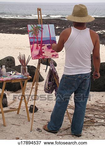 Stock Photo -  South Kona, Big Island, Island of Hawaii, HI, Hawaii, Kona Coast, Leeward, West Coast, Captain Cook, Honaunau, Pu'uhonua O Honaunau National Historical Park, Place of Refuge, Kiilae Bay, painter, beach, . Fotosearch