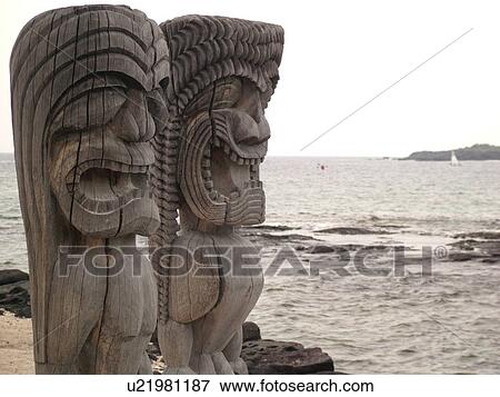 South Kona, Big Island, Island of Hawaii, HI, Hawaii, Kona Coast, Leeward, West Coast, Captain Cook, Honaunau, Pu'uhonua O Honaunau National Historical Park, Place of Refuge, Kii, carved wooden images of Gods, guardians, View Large Photo Image Stock Photo - South Kona, Big Island, Island of Hawaii, HI, Hawaii, Kona Coast, Leeward, West Coast, Captain Cook, Honaunau, Pu'uhonua O Honaunau National Historical Park, Place of Refuge, Kii, carved wooden images of Gods, guardians, . Fotosearch