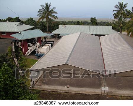 Stock Photo -  South Kona, Big Island, Island of Hawaii, HI, Hawaii, Kona Coast, Leeward, West Coast, Captain Cook, Royal Kona Museum & Coffee Mill, drying shelter. Fotosearch