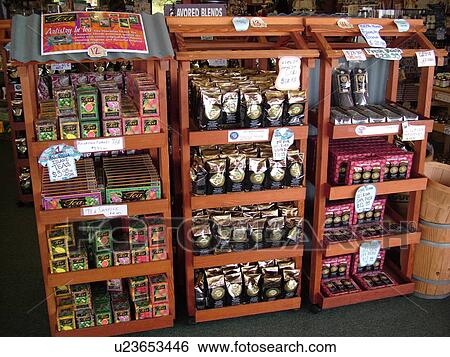 Stock Photograph -  South Kona, Big Island, Island of Hawaii, HI, Hawaii, Kona Coast, Leeward, West Coast, Captain Cook, Royal Kona Museum & Coffee Mill, coffee display. Fotosearch