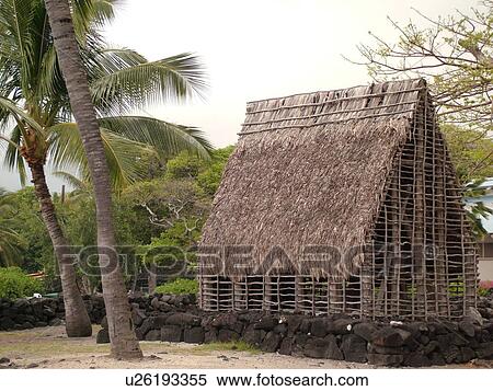 Stock Photography -  South Kona, Big Island, Island of Hawaii, HI, Hawaii, Kona Coast, Leeward, West Coast, Captain Cook, Honaunau, Pu'uhonua O Honaunau National Historical Park, Place of Refuge, Temple model. Fotosearch