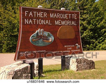 Stock Photograph -  St. Ignace, MI, Michigan, Father Marquette National Memorial, sign. Fotosearch