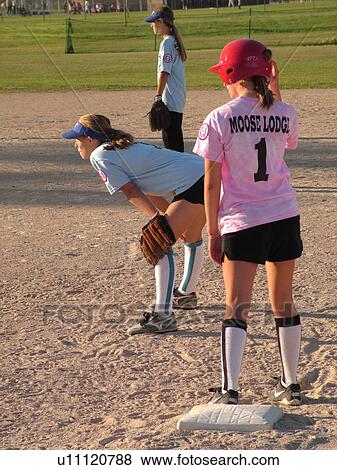 St. Joseph, MN, Minnesota, Girls Babe Ruth Softball Game, Little League, Baseball, first baseman, position, runner on first base View Large Photo Image Stock Photo - St. Joseph, MN, Minnesota, Girls Babe Ruth Softball Game, Little League, Baseball, first baseman, position, runner on first base. Fotosearch