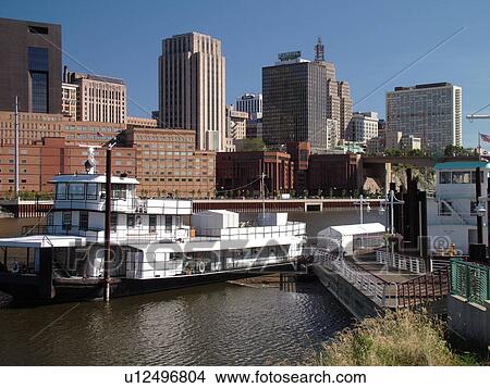Picture -  St. Paul, MN, Minnesota, Twin Cities, Downtown, skyline, Mississippi River, Harriet Island Park. Fotosearch