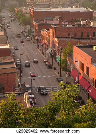 Stock Image -  Stillwater, MN, Minnesota, Historic Downtown, aerial view. Fotosearch