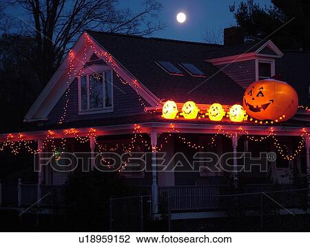 Stock Image -  Troy, NH, New Hampshire, Halloween decorations, evening. Fotosearch
