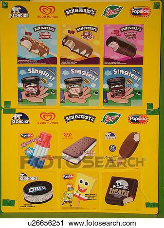 Stock Image -  Variety of ice creams brands and flavors, Ice Cream Shop, logo, sign. Fotosearch