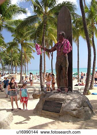 Picture -  Waikiki, Honolulu, Oahu, HI, Hawaii, Kuhio Beach Park, Duke Kahanamoku Statue, father of modern surfing, leis. Fotosearch