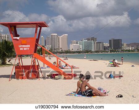 Picture -  Waikiki, Honolulu, Oahu, HI, Hawaii, Ala Moana Beach Park, Lifeguard Hut. Fotosearch