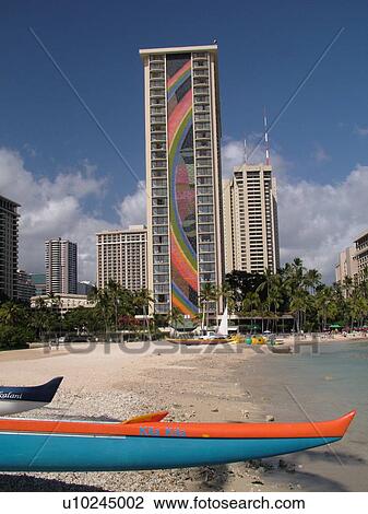 Stock Image -  Waikiki, Honolulu, Oahu, HI, Hawaii, Hilton Hawaiian Village, outrigger sea canoe. Fotosearch