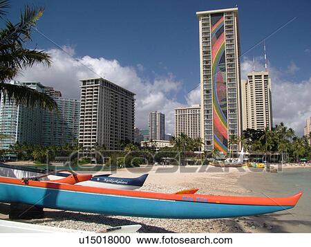 Stock Image -  Waikiki, Honolulu, Oahu, HI, Hawaii, Hilton Hawaiian Village, outrigger sea canoe. Fotosearch