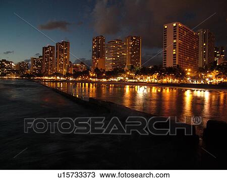 Waikiki, Honolulu, Oahu, HI, Hawaii, Kuhio Beach Park, beachfront, skyline, evening View Large Photo Image Stock Image - Waikiki, Honolulu, Oahu, HI, Hawaii, Kuhio Beach Park, beachfront, skyline, evening. Fotosearch