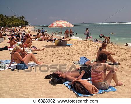 Stock Image -  Waikiki, Honolulu, Oahu, HI, Hawaii, Queen's Surf Beach. Fotosearch
