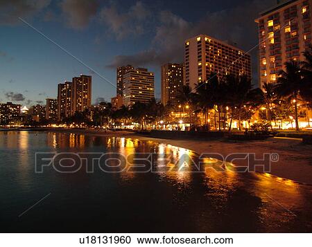 Waikiki, Honolulu, Oahu, HI, Hawaii, Kuhio Beach Park, beachfront, skyline, evening View Large Photo Image Stock Image - Waikiki, Honolulu, Oahu, HI, Hawaii, Kuhio Beach Park, beachfront, skyline, evening. Fotosearch
