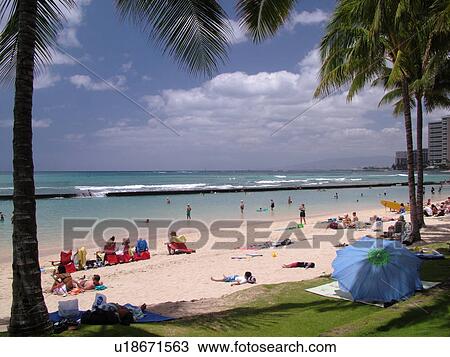 Stock Image -  Waikiki, Honolulu, Oahu, HI, Hawaii, Kuhio Beach Park, beachfront. Fotosearch