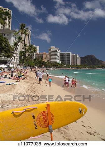 Stock Photo -  Waikiki, Honolulu, Oahu, HI, Hawaii, Central Waikiki Beach, surfboard. Fotosearch