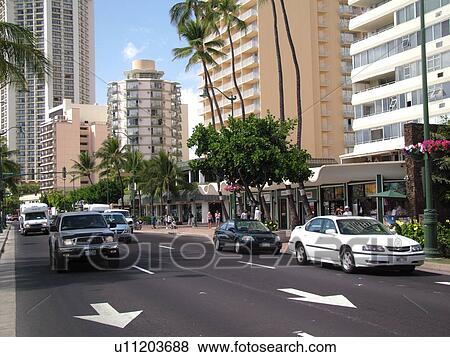 Waikiki, Honolulu, Oahu, HI, Hawaii, Kalakaua Avenue View Large Photo Image Stock Photo - Waikiki, Honolulu, Oahu, HI, Hawaii, Kalakaua Avenue. Fotosearch