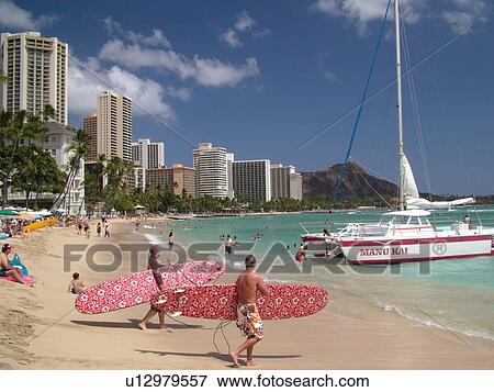 Stock Photo -  Waikiki, Honolulu, Oahu, HI, Hawaii, Central Waikiki Beach, surfing, catamaran. Fotosearch