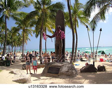 Waikiki, Honolulu, Oahu, HI, Hawaii, Kuhio Beach Park, Duke Kahanamoku Statue, father of modern surfing, leis View Large Photo Image Stock Photo - Waikiki, Honolulu, Oahu, HI, Hawaii, Kuhio Beach Park, Duke Kahanamoku Statue, father of modern surfing, leis. Fotosearch