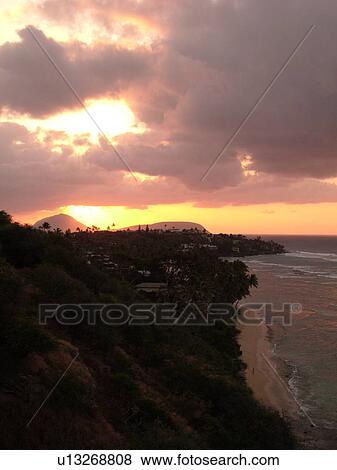 Waikiki, Honolulu, Oahu, HI, Hawaii, Diamond Head Beach Park, sunrise, scenic coast View Large Photo Image Stock Photo - Waikiki, Honolulu, Oahu, HI, Hawaii, Diamond Head Beach Park, sunrise, scenic coast. Fotosearch