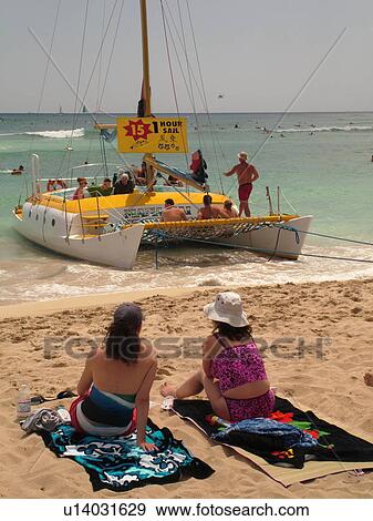 Stock Photo -  Waikiki, Honolulu, Oahu, HI, Hawaii, Central Waikiki Beach, catamaran. Fotosearch