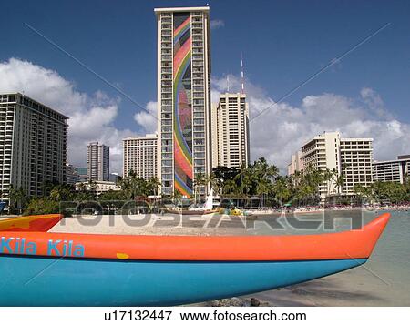 Stock Photo -  Waikiki, Honolulu, Oahu, HI, Hawaii, Hilton Hawaiian Village, outrigger sea canoe. Fotosearch