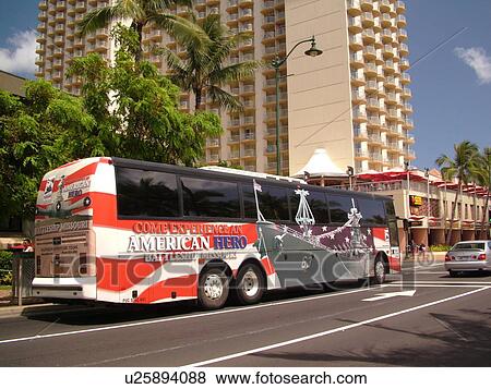 Stock Photo -  Waikiki, Honolulu, Oahu, HI, Hawaii, Kalakaua Avenue, Pearl Harbor Tour Bus. Fotosearch
