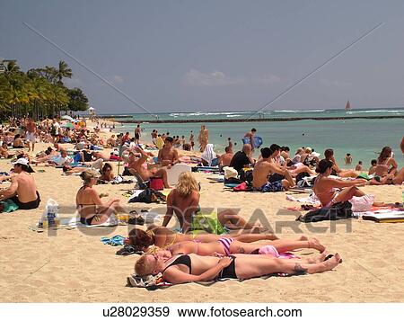Stock Photo -  Waikiki, Honolulu, Oahu, HI, Hawaii, Queen's Surf Beach. Fotosearch