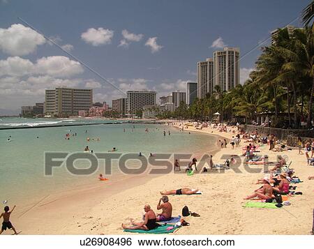 Stock Photograph -  Waikiki, Honolulu, Oahu, HI, Hawaii, Kuhio Beach Park. Fotosearch