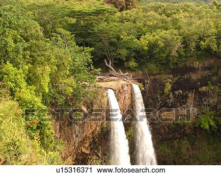 Stock Image -  Wailua, Kauai, HI, Hawaii, East Shore, Kapia, Lihue, Wailua Falls, twin waterfalls. Fotosearch