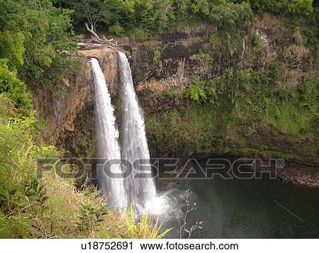 Stock Image -  Wailua, Kauai, HI, Hawaii, East Shore, Kapia, Lihue, Wailua Falls, twin waterfalls. Fotosearch