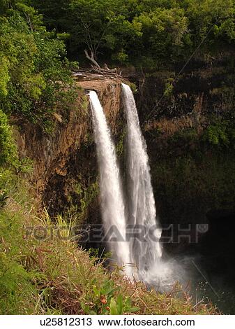 Stock Image -  Wailua, Kauai, HI, Hawaii, East Shore, Kapia, Lihue, Wailua Falls, twin waterfalls. Fotosearch