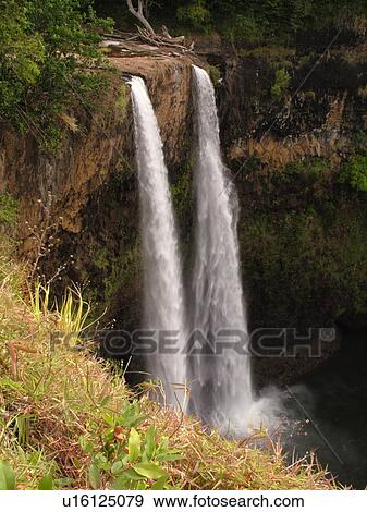 Wailua, Kauai, HI, Hawaii, East Shore, Kapia, Lihue, Wailua Falls, twin waterfalls View Large Photo Image Stock Photo - Wailua, Kauai, HI, Hawaii, East Shore, Kapia, Lihue, Wailua Falls, twin waterfalls. Fotosearch