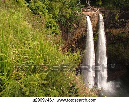 Wailua, Kauai, HI, Hawaii, East Shore, Kapia, Lihue, Wailua Falls, twin waterfalls View Large Photo Image Stock Photo - Wailua, Kauai, HI, Hawaii, East Shore, Kapia, Lihue, Wailua Falls, twin waterfalls. Fotosearch