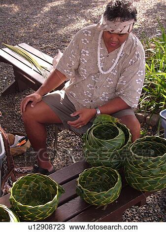Stock Image -  Wailuku, Ioa Valley, Maui, HI, Hawaii, Ti-Leaf Bowls, weaving, Coconut leaves. Fotosearch