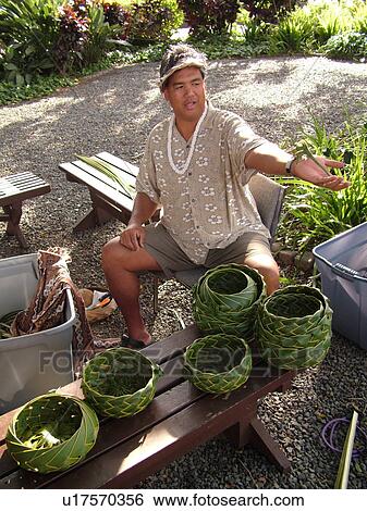 Stock Photograph -  Wailuku, Ioa Valley, Maui, HI, Hawaii, Ti-Leaf Bowls, weaving, Coconut leaves. Fotosearch