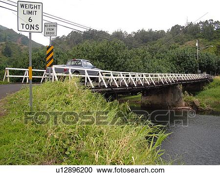 Stock Image -  Wainiha, Princeville, Kauai, HI, Hawaii, North Shore, Wainiha River, Kuhio Highway, one lane bridge. Fotosearch