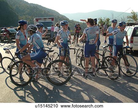 Stock Image -  Waitsfield, VT, Vermont, Green Mountain Stage Race, Appalachian Gap, women bikers, team. Fotosearch