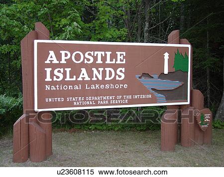 Stock Photography -  WI, Wisconsin, Apostle Islands National Lakeshore, entrance sign. Fotosearch