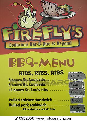 Stock Photograph -  Windsor, VT, Vermont, Harpoon Championships of New England Barbecue, Harpoon Brewery, Firefly's Bar-B-Que, competitors advertisement, menu and price list for ribs. Fotosearch