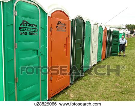 Stock Photograph -  Windsor, VT, Vermont, Harpoon Championships of New England Barbecue, Harpoon Brewery, Ron's Johns, port-o-lets, bathrooms. Fotosearch