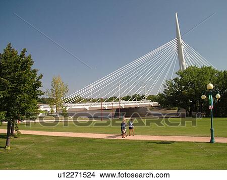 Picture -  Winnipeg, Canada, MB, Manitoba, Provencher Bridge & Esplanade Riel Pedestrian Bridge, Red River, City Park. Fotosearch