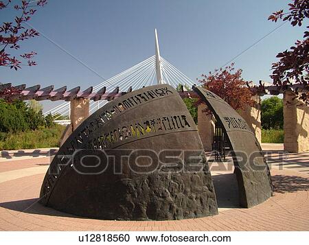 Stock Image -  Winnipeg, Canada, MB, Manitoba, Provencher Bridge & Esplanade Riel Pedestrian Bridge, Red River, The Forks, City Park. Fotosearch