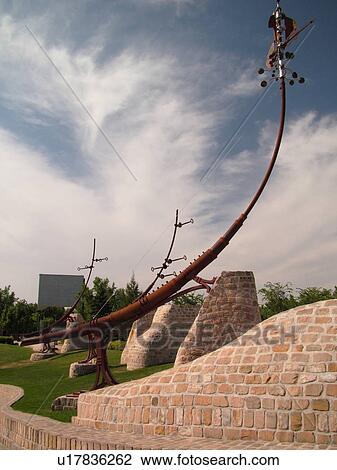 Stock Image -  Winnipeg, Canada, MB, Manitoba, sculpture, Meeting Place, The Forks, junction of Red River and Assiniboine River. Fotosearch