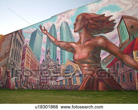 Stock Photo -  Winnipeg, Canada, MB, Manitoba, Downtown, Dominion Bank, Wall mural Take Pride Winnipeg. Fotosearch