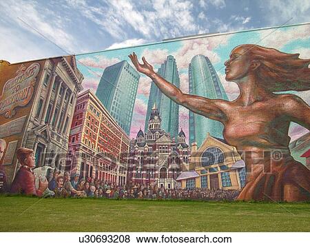 Stock Photo -  Winnipeg, Canada, MB, Manitoba, Downtown, Dominion Bank, Wall mural Take Pride Winnipeg. Fotosearch