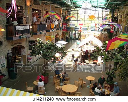 Stock Image -  Winnipeg, Canada, MB, Manitoba, The Forks, Market Courtyard, interior, shopping complex, mall. Fotosearch