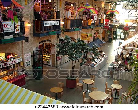 Stock Image -  Winnipeg, Canada, MB, Manitoba, The Forks, Market Courtyard, interior, shopping complex, mall. Fotosearch