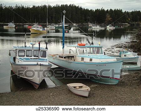 Stock Image -  Winter Harbor, ME, Maine, Mount Desert Island, Atlantic Ocean, Frenchman Bay, lobster boats, low tide. Fotosearch